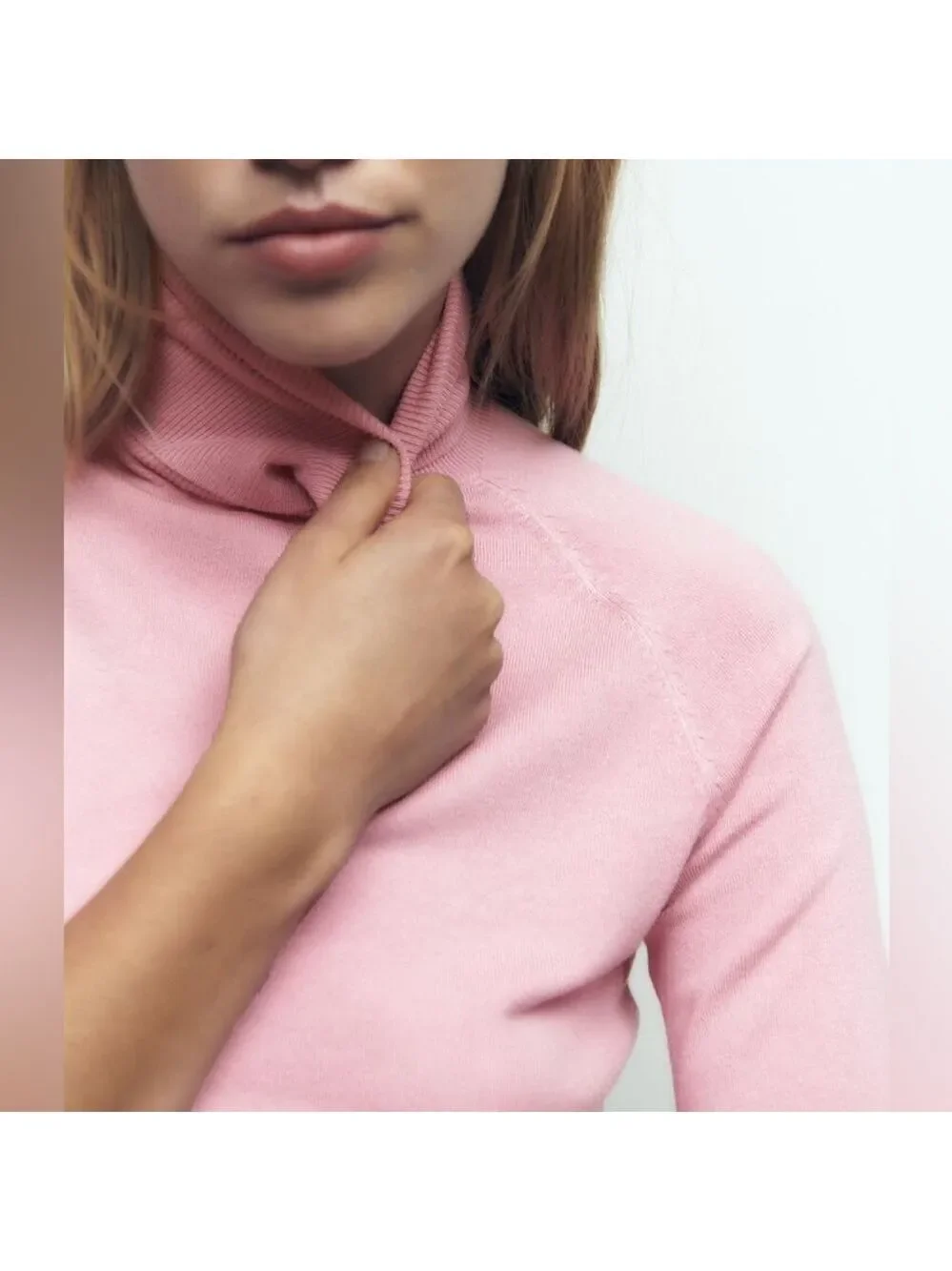 Zara High Collar Turtleneck Fine Ribbed Knit 3/4 Sleeve Sweater in Pink - Picture 6 of 14